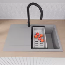 HD Onyx Grey 78 egymedencés mosogatótálca szett, matt fekete csepegtetőráccsal és krómozott kosárral, csepegtetőtálcával, alpesi szürke színben, matt fekete leeresztő szifonnal