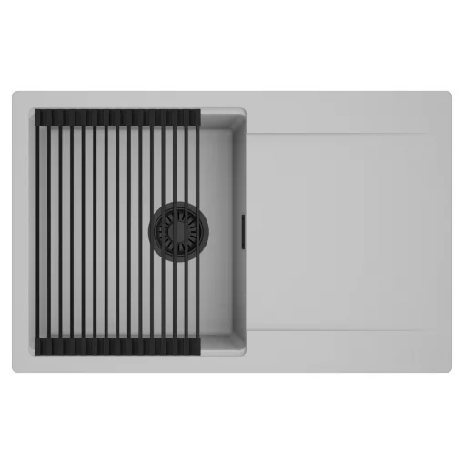 HD Onyx Grey 78 egymedencés mosogatótálca szett, matt fekete csepegtetőráccsal, csepegtetőtálcával, alpesi szürke színben, matt fekete leeresztő szifonnal