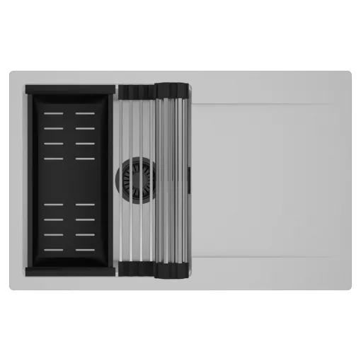 HD Onyx Grey 78 egymedencés mosogatótálca szett, acél csepegtetőráccsal és matt fekete kosárral, csepegtetőtálcával, alpesi szürke színben, matt fekete leeresztő szifonnal