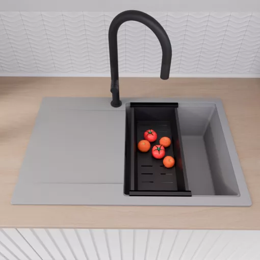 HD Onyx Grey 78 egymedencés mosogatótálca szett, acél csepegtetőráccsal és matt fekete kosárral, csepegtetőtálcával, alpesi szürke színben, matt fekete leeresztő szifonnal