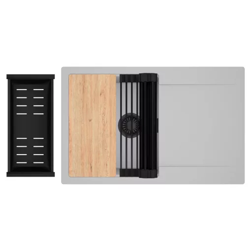 HD Onyx Grey 78 egymedencés gránit mosogatótálca szett, csepegtetőtálcával, vágódeszkával, matt fekete csepegtetőráccsal és kosárral, alpesi szürke színben, matt fekete leeresztő szifonnal