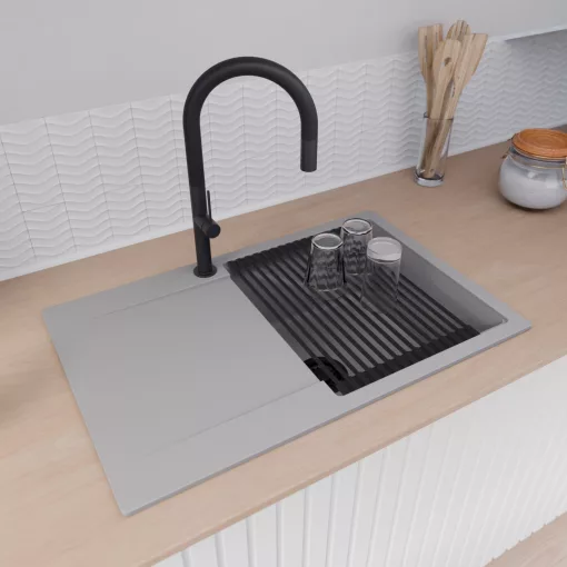 HD Onyx Grey 78 egymedencés gránit mosogatótálca szett, csepegtetőtálcával, vágódeszkával, matt fekete csepegtetőráccsal és kosárral, alpesi szürke színben, matt fekete leeresztő szifonnal