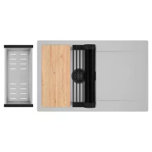 HD Onyx Grey 78 egymedencés gránit mosogatótálca szett, csepegtetőtálcával, vágódeszkával, matt fekete csepegtetőráccsal és krómozott kosárral, alpesi szürke színben, matt fekete leeresztő szifonnal