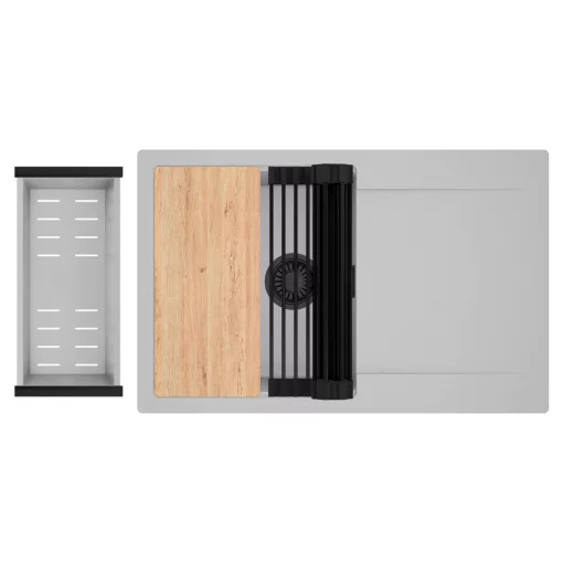 HD Onyx Grey 78 egymedencés gránit mosogatótálca szett, csepegtetőtálcával, vágódeszkával, matt fekete csepegtetőráccsal és krómozott kosárral, alpesi szürke színben, matt fekete leeresztő szifonnal