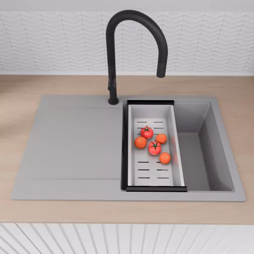 HD Onyx Grey 78 egymedencés gránit mosogatótálca szett, csepegtetőtálcával, vágódeszkával, matt fekete csepegtetőráccsal és krómozott kosárral, alpesi szürke színben, matt fekete leeresztő szifonnal