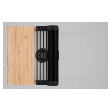 HD Onyx Grey 78 egymedencés gránit mosogatótálca szett, csepegtetőtálcával, vágódeszkával, matt fekete csepegtetőráccsal, alpesi szürke színben, matt fekete leeresztő szifonnal