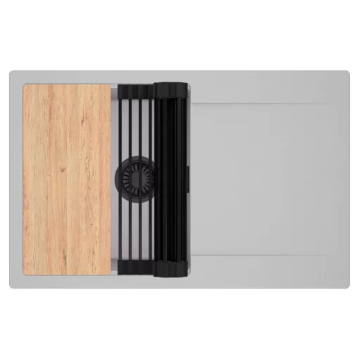 HD Onyx Grey 78 egymedencés gránit mosogatótálca szett, csepegtetőtálcával, vágódeszkával, matt fekete csepegtetőráccsal, alpesi szürke színben, matt fekete leeresztő szifonnal