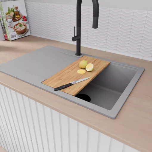 HD Onyx Grey 78 egymedencés gránit mosogatótálca szett, csepegtetőtálcával, vágódeszkával, matt fekete csepegtetőráccsal, alpesi szürke színben, matt fekete leeresztő szifonnal