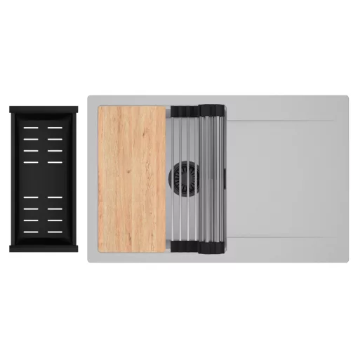 HD Onyx Grey 78 egymedencés gránit mosogatótálca szett, csepegtetőtálcával, vágódeszkával, acél csepegtetőráccsal és matt fekete kosárral, alpesi szürke színben, matt fekete leeresztő szifonnal