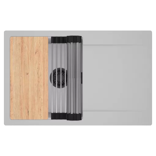 HD Onyx Grey 78 egymedencés gránit mosogatótálca szett, csepegtetőtálcával, vágódeszkával, acél csepegtetőráccsal, alpesi szürke színben, matt fekete leeresztő szifonnal