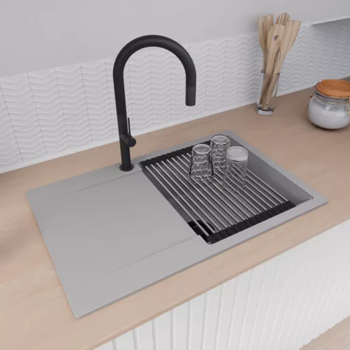 HD Onyx Grey 78 egymedencés gránit mosogatótálca szett, csepegtetőtálcával, vágódeszkával, acél csepegtetőráccsal, alpesi szürke színben, matt fekete leeresztő szifonnal