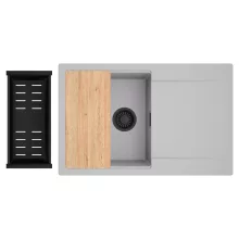 HD Onyx Grey 78 egymedencés gránit mosogatótálca szett, csepegtetőtálcával, vágódeszkával, matt fekete csepegtetőkosárral, alpesi szürke színben, matt fekete leeresztő szifonnal