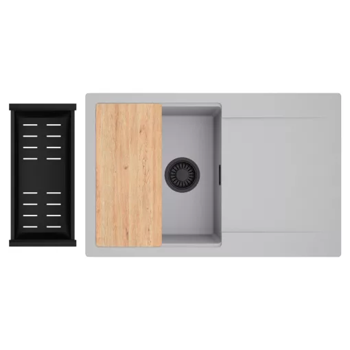 HD Onyx Grey 78 egymedencés gránit mosogatótálca szett, csepegtetőtálcával, vágódeszkával, matt fekete csepegtetőkosárral, alpesi szürke színben, matt fekete leeresztő szifonnal