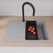 HD Onyx Grey 78 egymedencés gránit mosogatótálca szett, csepegtetőtálcával, vágódeszkával, matt fekete csepegtetőkosárral, alpesi szürke színben, matt fekete leeresztő szifonnal