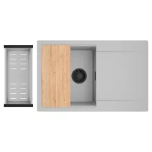 HD Onyx Grey 78 egymedencés gránit mosogatótálca szett, csepegtetőtálcával, vágódeszkával, acél csepegtetőkosárral, alpesi szürke színben, matt fekete leeresztő szifonnal