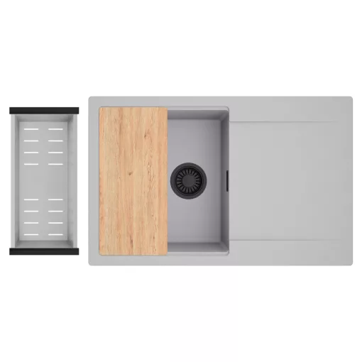 HD Onyx Grey 78 egymedencés gránit mosogatótálca szett, csepegtetőtálcával, vágódeszkával, acél csepegtetőkosárral, alpesi szürke színben, matt fekete leeresztő szifonnal