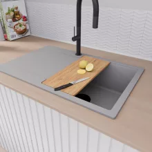 HD Onyx Grey 78 egymedencés gránit mosogatótálca szett, csepegtetőtálcával, vágódeszkával, acél csepegtetőkosárral, alpesi szürke színben, matt fekete leeresztő szifonnal