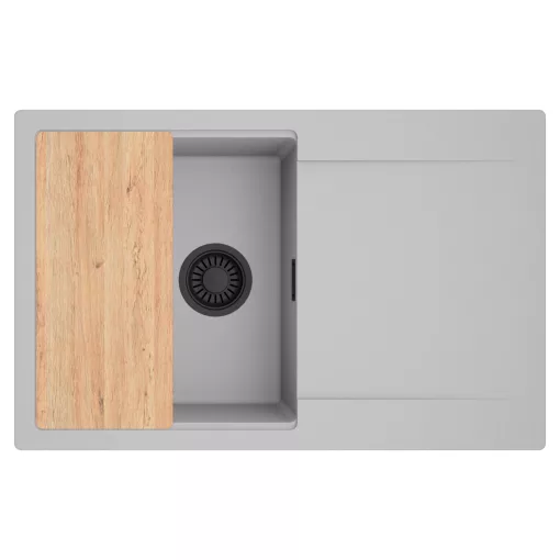 HD Onyx Grey 78 egymedencés gránit mosogatótálca, vágódeszkával, alpesi szürke színben, matt fekete leeresztő szifonnal