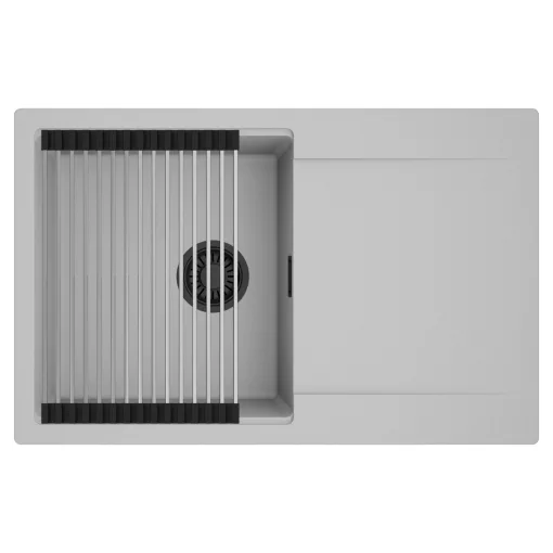 HD Onyx Grey 78 egymedencés mosogatótálca szett, acél csepegtetőráccsal, csepegtetőtálcával, alpesi szürke színben, matt fekete leeresztő szifonnal