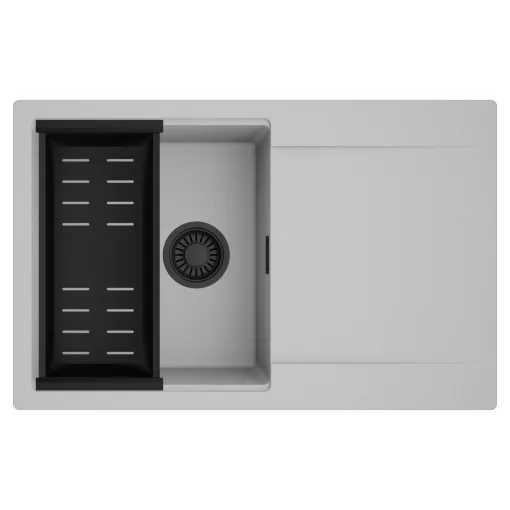 HD Onyx Grey 78 egymedencés mosogatótálca szett, matt fekete csepegtetőkosárral, csepegtetőtálcával, alpesi szürke színben, matt fekete leeresztő szifonnal