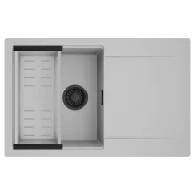 HD Onyx Grey 78 egymedencés mosogatótálca szett, acél csepegtetőkosárral, csepegtetőtálcával, alpesi szürke színben, matt fekete leeresztő szifonnal