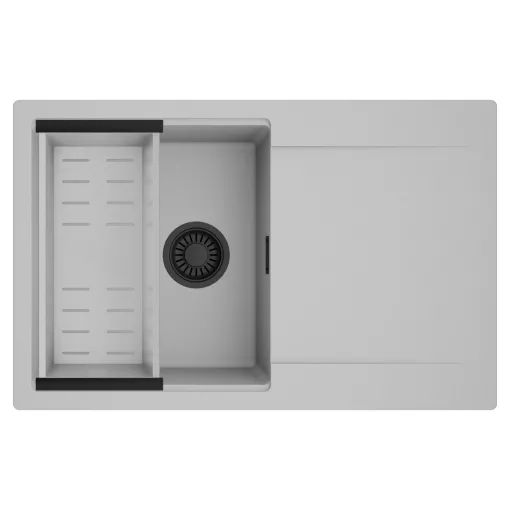 HD Onyx Grey 78 egymedencés mosogatótálca szett, acél csepegtetőkosárral, csepegtetőtálcával, alpesi szürke színben, matt fekete leeresztő szifonnal