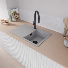 HD Onyx Grey 78 egymedencés mosogatótálca, csepegtetőtálcával, alpesi szürke színben, matt fekete leeresztő szifonnal