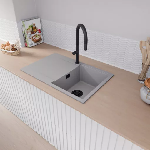 HD Onyx Grey 78 egymedencés mosogatótálca, csepegtetőtálcával, alpesi szürke színben, matt fekete leeresztő szifonnal