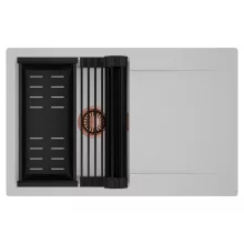 HD Onyx Grey 78 egymedencés mosogatótálca szett, matt fekete csepegtetőráccsal és kosárral, csepegtetőtálcával, alpesi szürke színben, szálcsiszolt réz leeresztő szifonnal