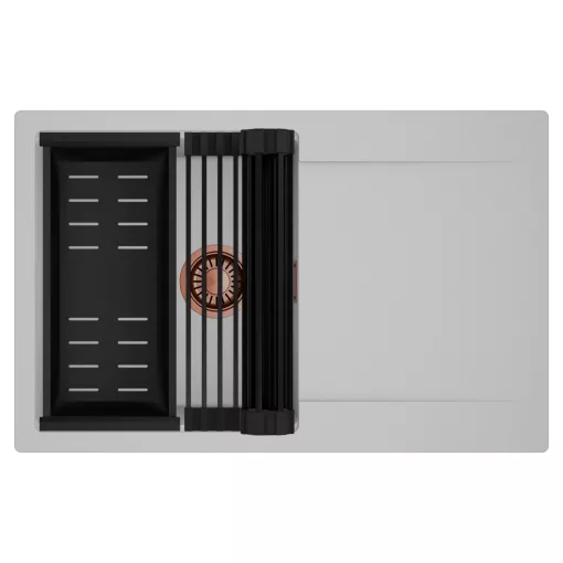 HD Onyx Grey 78 egymedencés mosogatótálca szett, matt fekete csepegtetőráccsal és kosárral, csepegtetőtálcával, alpesi szürke színben, szálcsiszolt réz leeresztő szifonnal