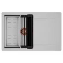 HD Onyx Grey 78 egymedencés mosogatótálca szett, matt fekete csepegtetőráccsal és krómozott kosárral, csepegtetőtálcával, alpesi szürke színben, szálcsiszolt réz leeresztő szifonnal