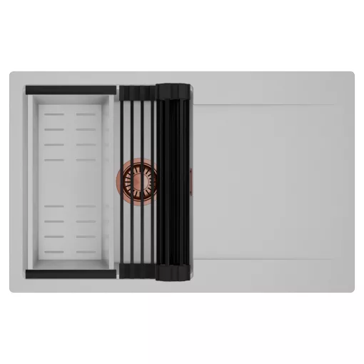 HD Onyx Grey 78 egymedencés mosogatótálca szett, matt fekete csepegtetőráccsal és krómozott kosárral, csepegtetőtálcával, alpesi szürke színben, szálcsiszolt réz leeresztő szifonnal