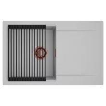 HD Onyx Grey 78 egymedencés mosogatótálca szett, matt fekete csepegtetőráccsal, csepegtetőtálcával, alpesi szürke színben, szálcsiszolt réz leeresztő szifonnal