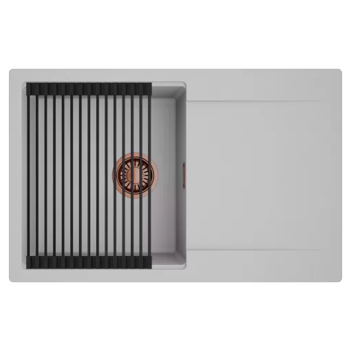 HD Onyx Grey 78 egymedencés mosogatótálca szett, matt fekete csepegtetőráccsal, csepegtetőtálcával, alpesi szürke színben, szálcsiszolt réz leeresztő szifonnal