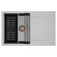 HD Onyx Grey 78 egymedencés mosogatótálca szett, acél csepegtetőráccsal és matt fekete kosárral, csepegtetőtálcával, alpesi szürke színben, szálcsiszolt réz leeresztő szifonnal