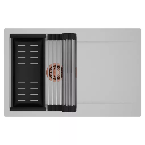 HD Onyx Grey 78 egymedencés mosogatótálca szett, acél csepegtetőráccsal és matt fekete kosárral, csepegtetőtálcával, alpesi szürke színben, szálcsiszolt réz leeresztő szifonnal