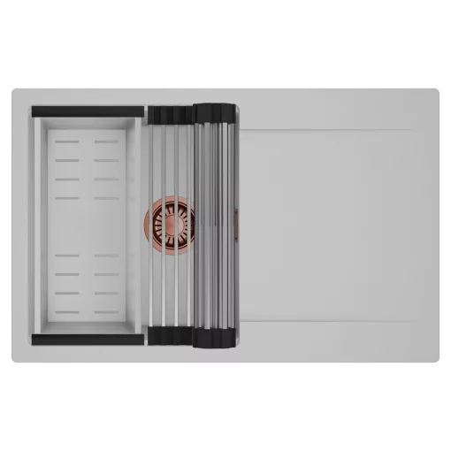 HD Onyx Grey 78 egymedencés mosogatótálca szett, acél csepegtetőráccsal és kosárral, csepegtetőtálcával, alpesi szürke színben, szálcsiszolt réz leeresztő szifonnal