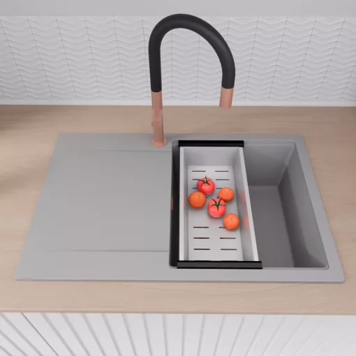 HD Onyx Grey 78 egymedencés mosogatótálca szett, acél csepegtetőráccsal és kosárral, csepegtetőtálcával, alpesi szürke színben, szálcsiszolt réz leeresztő szifonnal