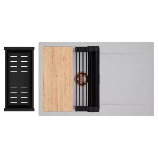 HD Onyx Grey 78 egymedencés gránit mosogatótálca szett, csepegtetőtálcával, vágódeszkával, matt fekete csepegtetőráccsal és kosárral, alpesi szürke színben, szálcsiszolt réz leeresztő szifonnal