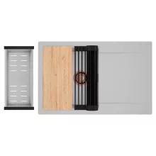 HD Onyx Grey 78 egymedencés gránit mosogatótálca szett, csepegtetőtálcával, vágódeszkával, matt fekete csepegtetőráccsal és krómozott kosárral, alpesi szürke színben, szálcsiszolt réz leeresztő szifonnal