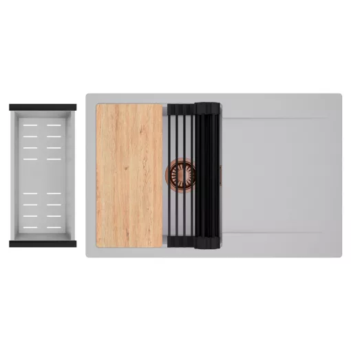 HD Onyx Grey 78 egymedencés gránit mosogatótálca szett, csepegtetőtálcával, vágódeszkával, matt fekete csepegtetőráccsal és krómozott kosárral, alpesi szürke színben, szálcsiszolt réz leeresztő szifonnal