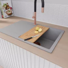 HD Onyx Grey 78 egymedencés gránit mosogatótálca szett, csepegtetőtálcával, vágódeszkával, matt fekete csepegtetőráccsal és krómozott kosárral, alpesi szürke színben, szálcsiszolt réz leeresztő szifonnal