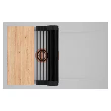 HD Onyx Grey 78 egymedencés gránit mosogatótálca szett, csepegtetőtálcával, vágódeszkával, matt fekete csepegtetőráccsal, alpesi szürke színben, szálcsiszolt réz leeresztő szifonnal