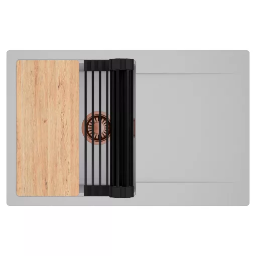 HD Onyx Grey 78 egymedencés gránit mosogatótálca szett, csepegtetőtálcával, vágódeszkával, matt fekete csepegtetőráccsal, alpesi szürke színben, szálcsiszolt réz leeresztő szifonnal