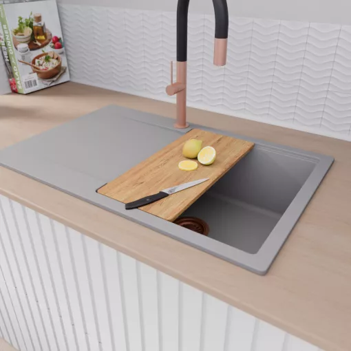 HD Onyx Grey 78 egymedencés gránit mosogatótálca szett, csepegtetőtálcával, vágódeszkával, matt fekete csepegtetőráccsal, alpesi szürke színben, szálcsiszolt réz leeresztő szifonnal