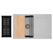 HD Onyx Grey 78 egymedencés gránit mosogatótálca szett, csepegtetőtálcával, vágódeszkával, acél csepegtetőráccsal és matt fekete kosárral, alpesi szürke színben, szálcsiszolt réz leeresztő szifonnal