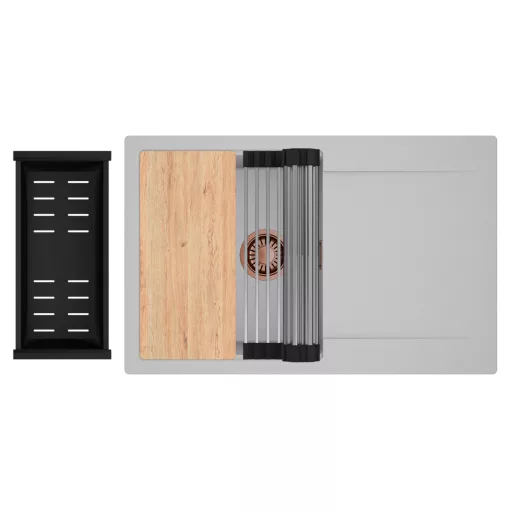 HD Onyx Grey 78 egymedencés gránit mosogatótálca szett, csepegtetőtálcával, vágódeszkával, acél csepegtetőráccsal és matt fekete kosárral, alpesi szürke színben, szálcsiszolt réz leeresztő szifonnal