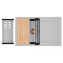 HD Onyx Grey 78 egymedencés gránit mosogatótálca szett, csepegtetőtálcával, vágódeszkával, acél csepegtetőráccsal és kosárral, alpesi szürke színben, szálcsiszolt réz leeresztő szifonnal