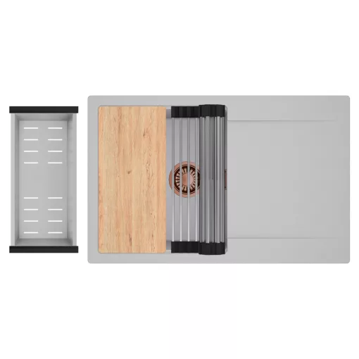 HD Onyx Grey 78 egymedencés gránit mosogatótálca szett, csepegtetőtálcával, vágódeszkával, acél csepegtetőráccsal és kosárral, alpesi szürke színben, szálcsiszolt réz leeresztő szifonnal