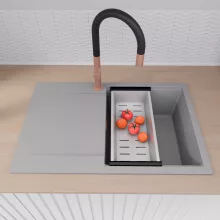 HD Onyx Grey 78 egymedencés gránit mosogatótálca szett, csepegtetőtálcával, vágódeszkával, acél csepegtetőráccsal és kosárral, alpesi szürke színben, szálcsiszolt réz leeresztő szifonnal